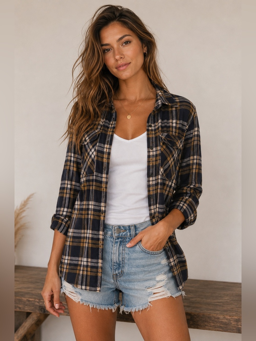Plaid long sleeve button up Top